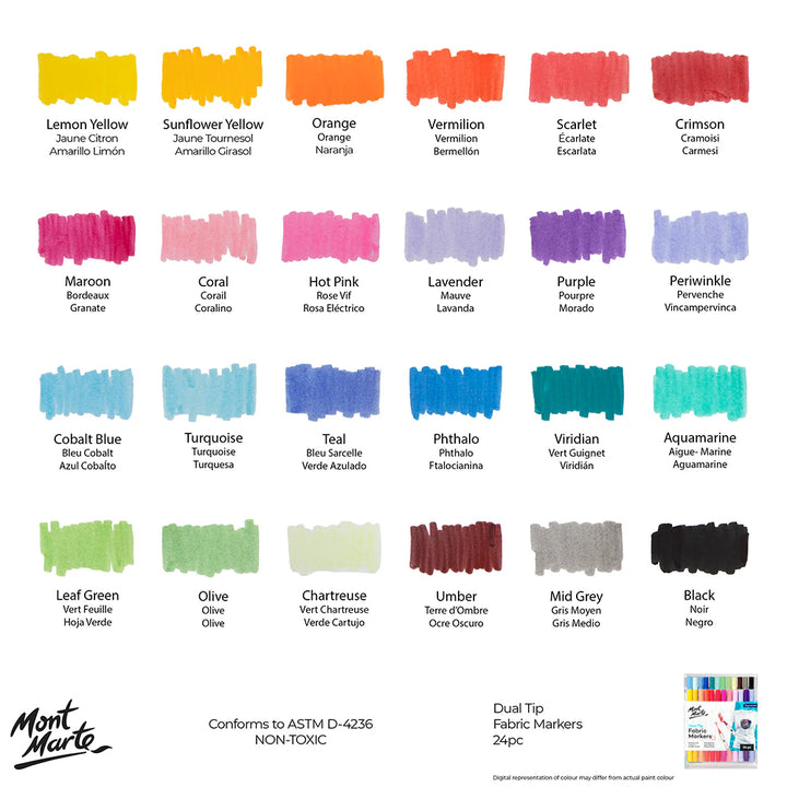 Mont Marte Dual Tip Fabric Markers 24 Pcs
