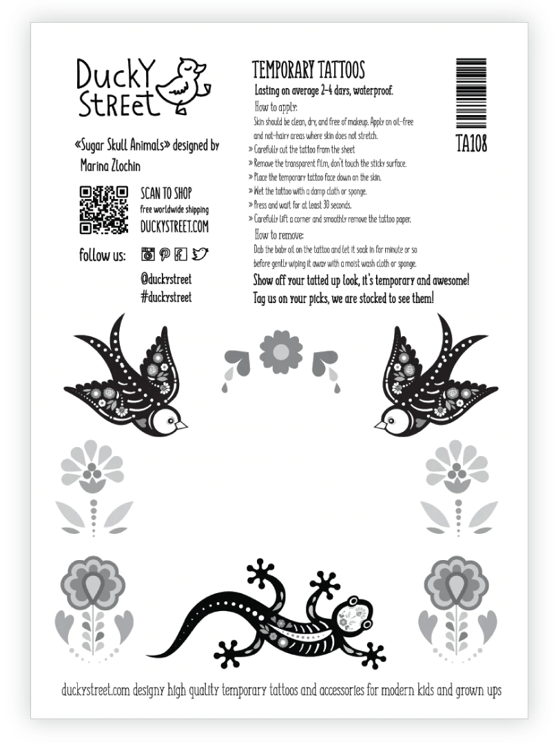 Ducky Street Sugar Skull Animals Temporary Tattoos - #HolaNanu#NDIS #creativekids